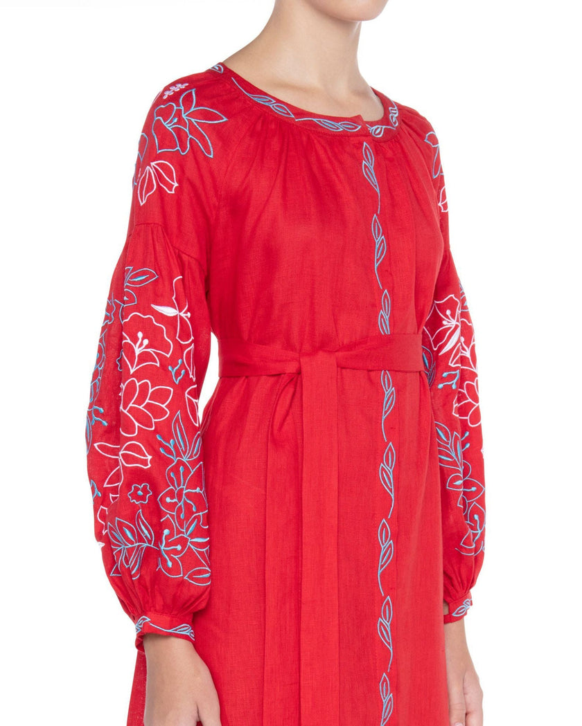 Scarlet Red Embroidered Linen Maxi Dress – Balloon Sleeves