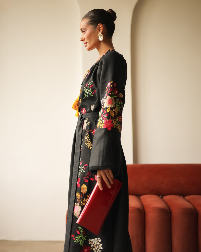 Black Embroidered Linen Maxi Dress | ZALXNDRA