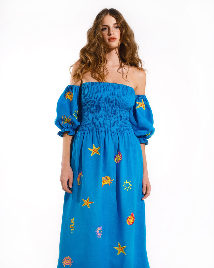 Turquoise Embroidered Linen Dress | ZALXNDRA