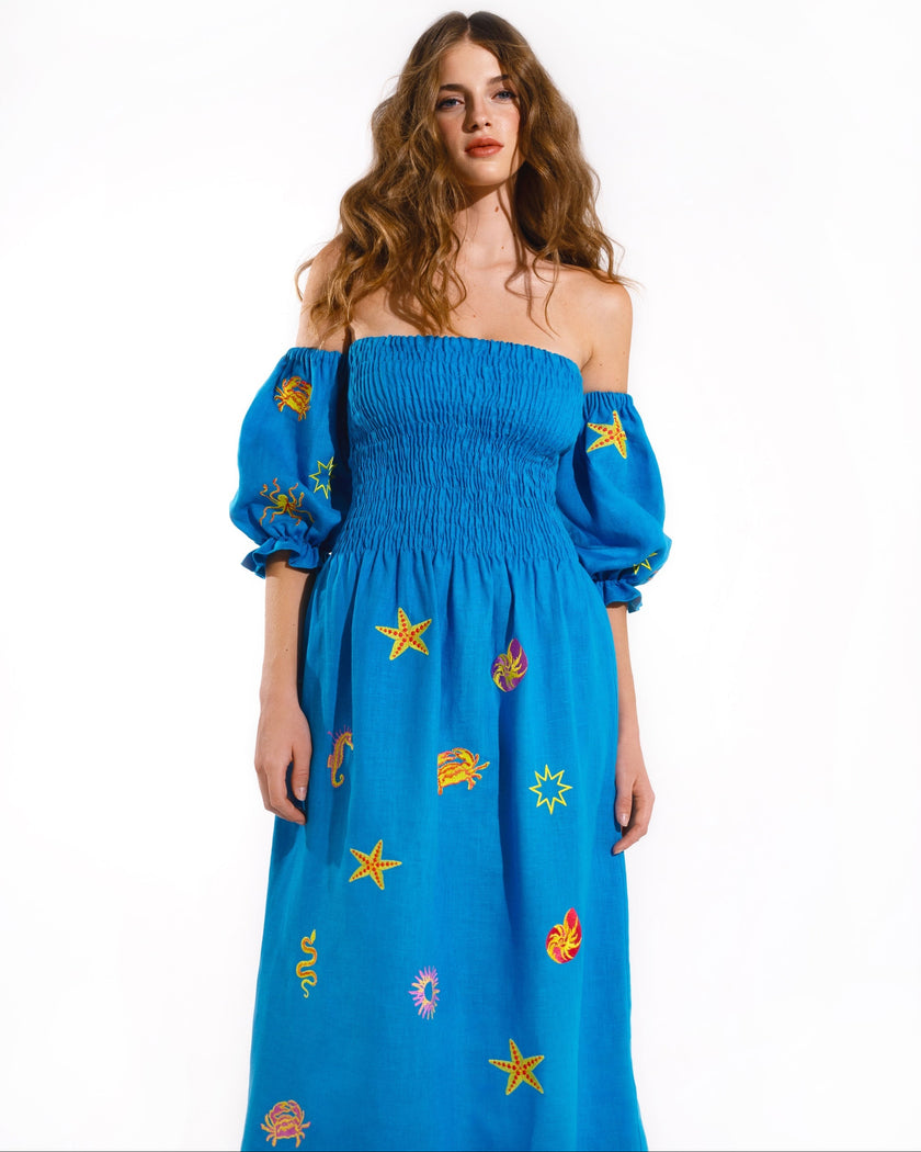 Turquoise Sea Life Embroidered Linen Off-the-Shoulder Midi Dress