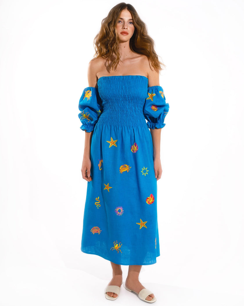 Turquoise Sea Life Embroidered Linen Off-the-Shoulder Midi Dress