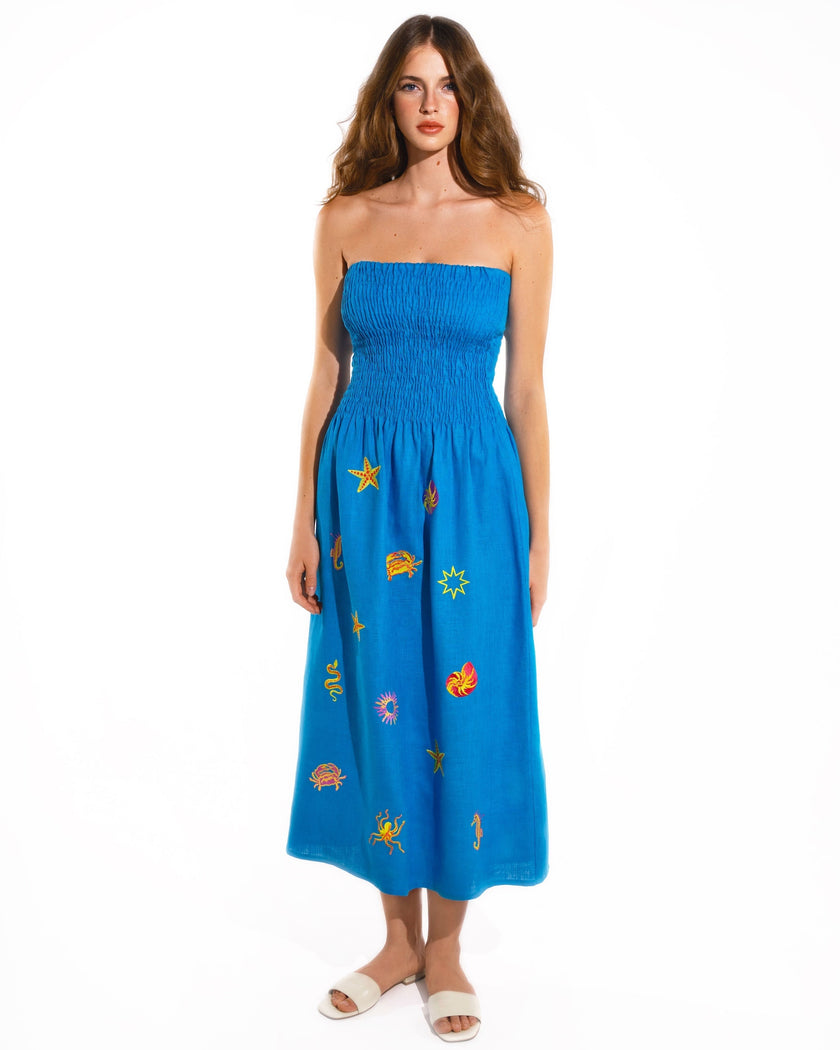 Turquoise Sea Life Embroidered Linen Off-the-Shoulder Midi Dress