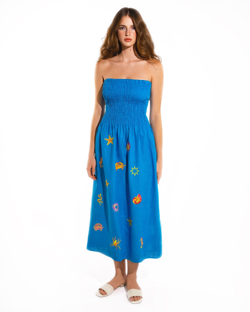 Turquoise Embroidered Linen Dress | ZALXNDRA