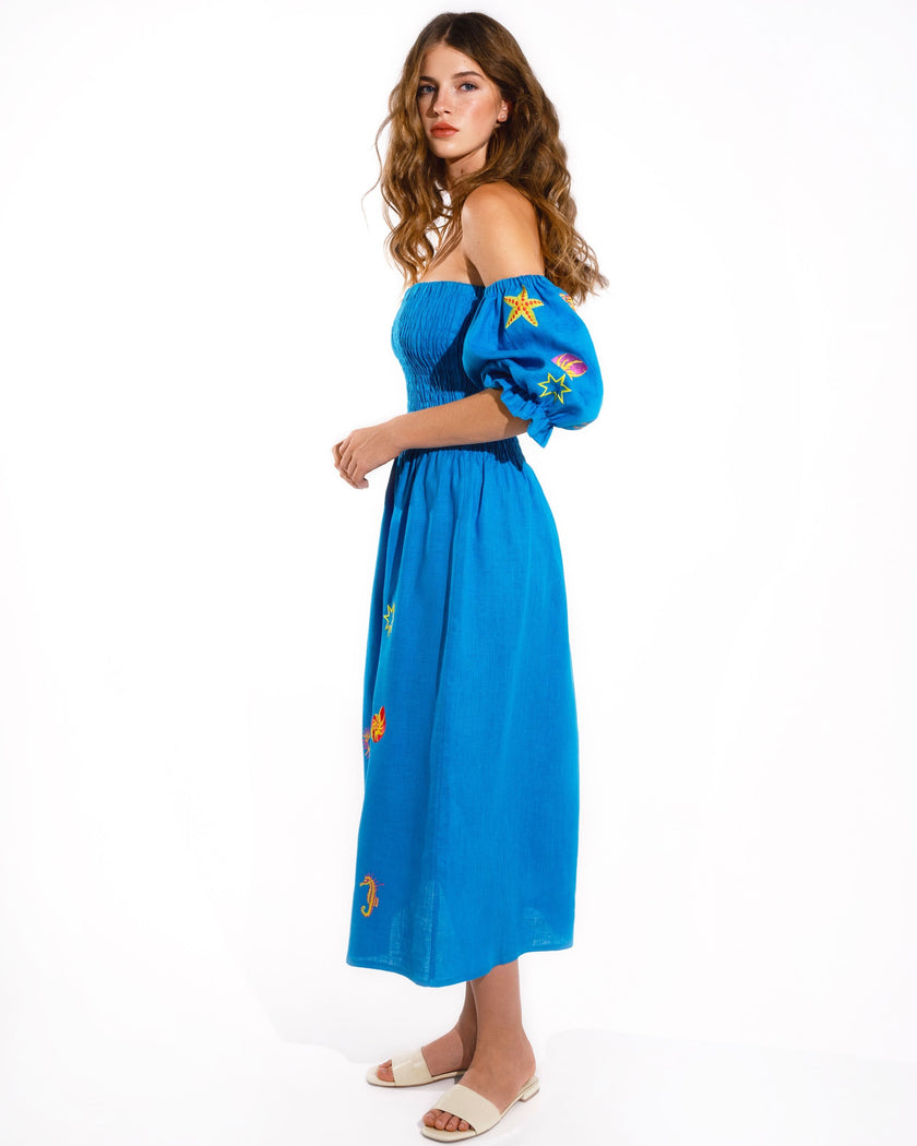 Turquoise Sea Life Embroidered Linen Off-the-Shoulder Midi Dress