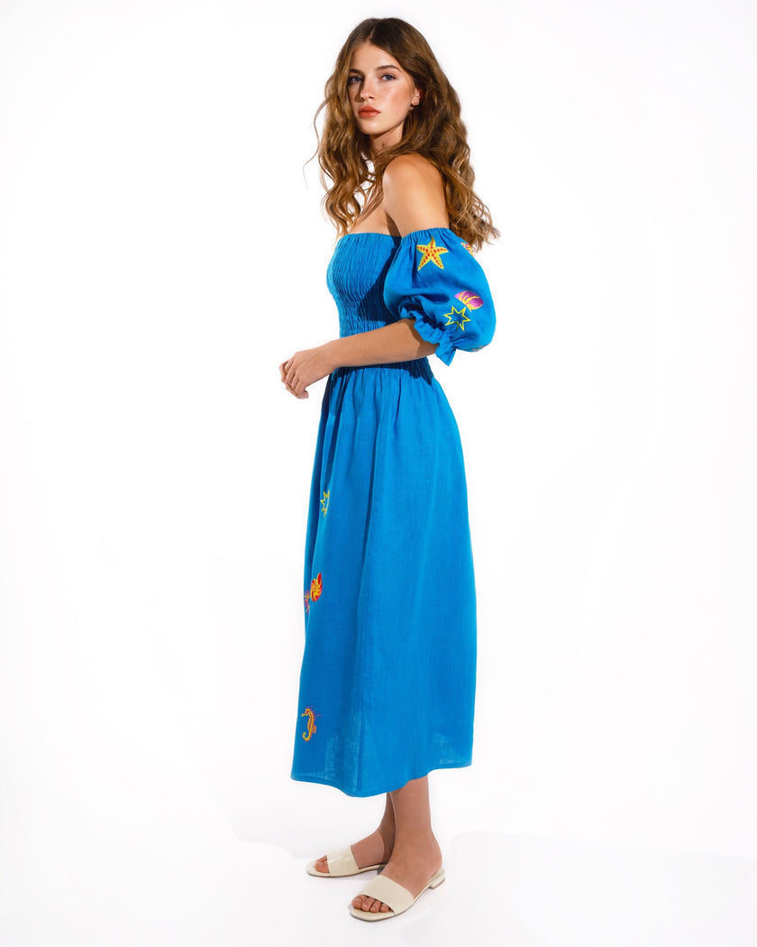 Turquoise Embroidered Linen Dress | ZALXNDRA