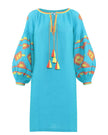 Turquoise linen kaftan midi dress with orange and yellow geometric embroidery, balloon sleeves, and tassel ties on flat lay - Zalxndra Resort