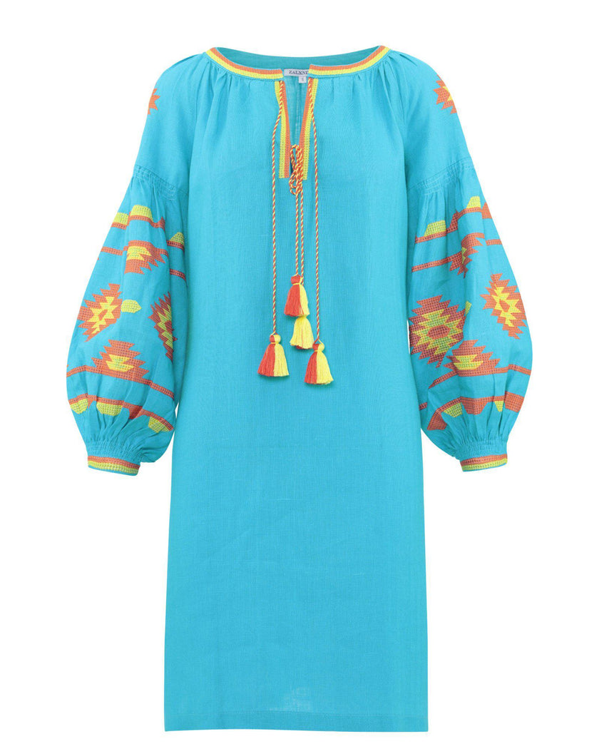 Turquoise linen kaftan midi dress with orange and yellow geometric embroidery, balloon sleeves, and tassel ties on flat lay - Zalxndra Resort