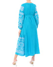 Turquoise linen kaftan maxi dress with white geometric embroidery, balloon sleeves and self-tie belt, back view - Zalxndra Resort