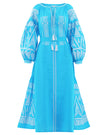 Turquoise linen kaftan maxi dress with white geometric embroidery, balloon sleeves, tassel tie neckline and self-tie belt, front view - Zalxndra Resort
