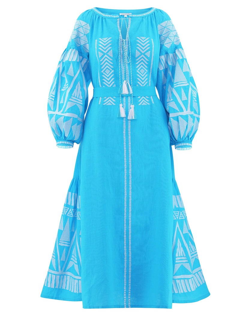 Turquoise linen kaftan maxi dress with white geometric embroidery, balloon sleeves, tassel tie neckline and self-tie belt, front view - Zalxndra Resort