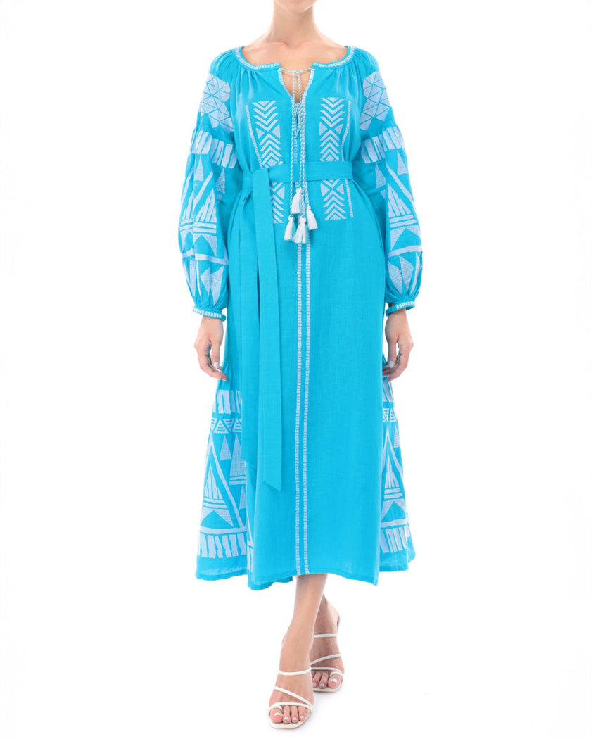 Turquoise linen kaftan maxi dress with white geometric embroidery, balloon sleeves, tassel tie neckline and self-tie belt, full-length view - Zalxndra Resort
