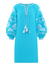Turquoise linen kaftan midi dress with white geometric embroidery, balloon sleeves, and tassel ties on flat lay - Zalxndra Resort