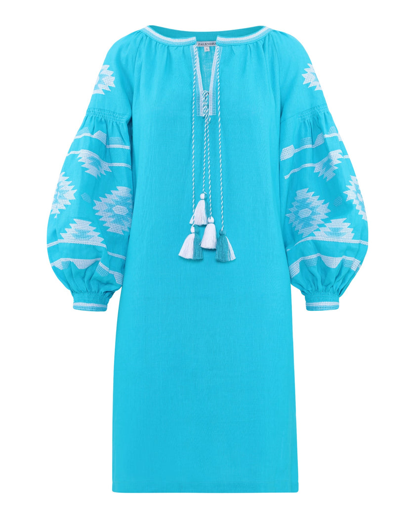 Turquoise linen kaftan midi dress with white geometric embroidery, balloon sleeves, and tassel ties on flat lay - Zalxndra Resort