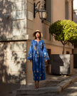 Royal Blue and Gold Leaf Embroidered Linen Kaftan Maxi Dress with Angel Sleeves