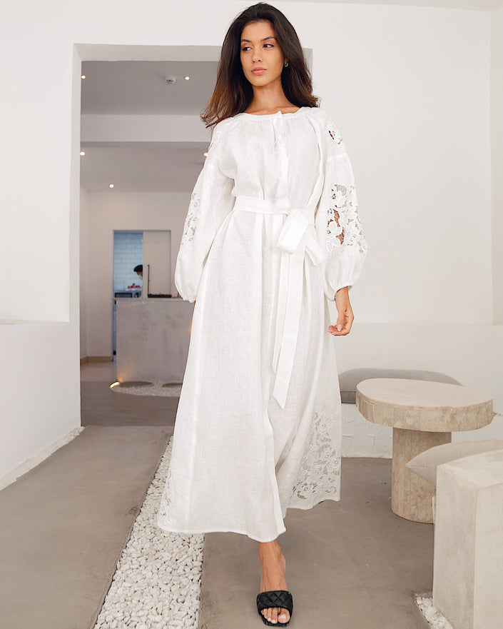 White Hand-Cut Richelieu Embroidered Linen Kaftan Maxi Dress