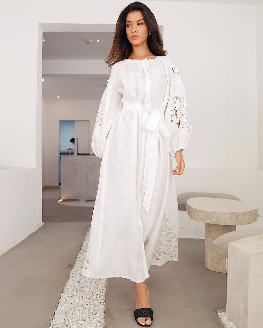 White Hand-Cut Richelieu Embroidered Linen Kaftan Maxi Dress