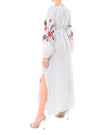 White linen kaftan maxi dress with multicolour folk floral embroidery on balloon sleeves, self-tie belt, and side slit, back view - Zalxndra Resort