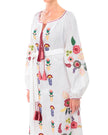 White linen kaftan maxi dress with multicolour folk floral embroidery on bodice and balloon sleeves, self-tie belt with tassel ties, bodice detail - Zalxndra Resort