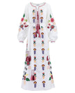 White linen kaftan maxi dress with multicolour folk floral embroidery, balloon sleeves, self-tie belt, and tassel ties, front view - Zalxndra Resort