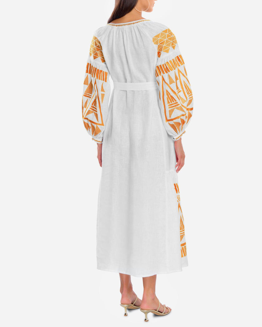 Back view of white linen kaftan maxi dress with orange geometric embroidery and balloon sleeves - Zalxndra Resort