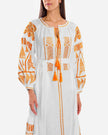 Bodice detail of white linen kaftan maxi dress with orange geometric embroidery, balloon sleeves, and tassel ties - Zalxndra Resort
