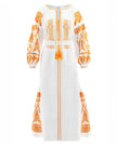 White linen kaftan maxi dress with orange geometric embroidery, balloon sleeves, and tassel ties on flat lay - Zalxndra Resort