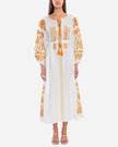 White linen kaftan maxi dress with orange geometric embroidery, balloon sleeves, and tassel tie - Zalxndra Resort