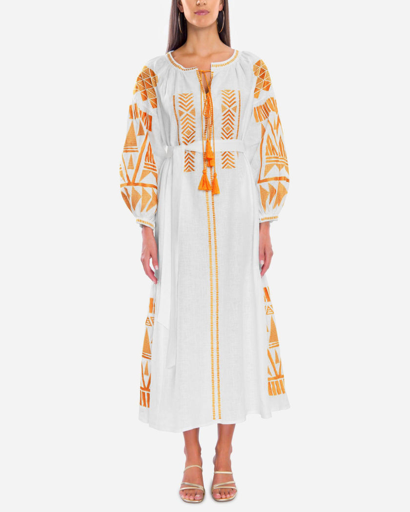 White linen kaftan maxi dress with orange geometric embroidery, balloon sleeves, and tassel tie - Zalxndra Resort