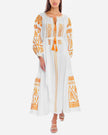 Full-length view of white linen kaftan maxi dress with orange geometric embroidery, balloon sleeves, and tassel tie - Zalxndra Resort