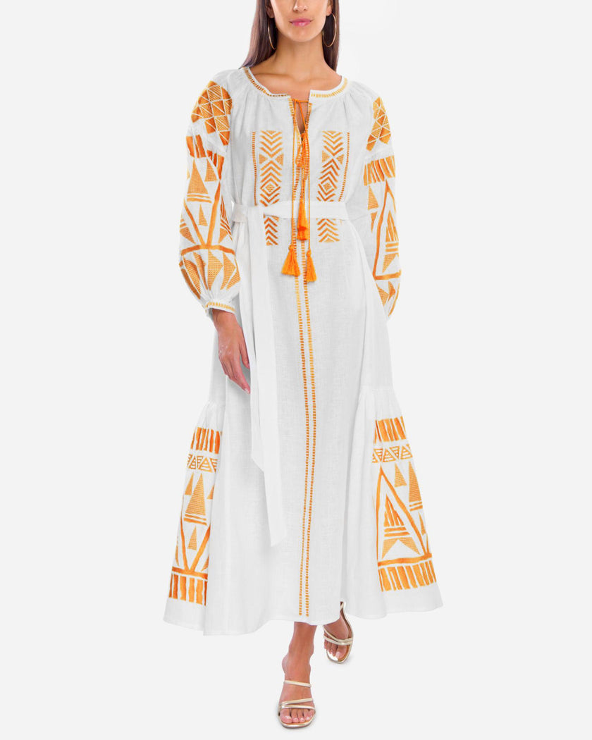 Full-length view of white linen kaftan maxi dress with orange geometric embroidery, balloon sleeves, and tassel tie - Zalxndra Resort