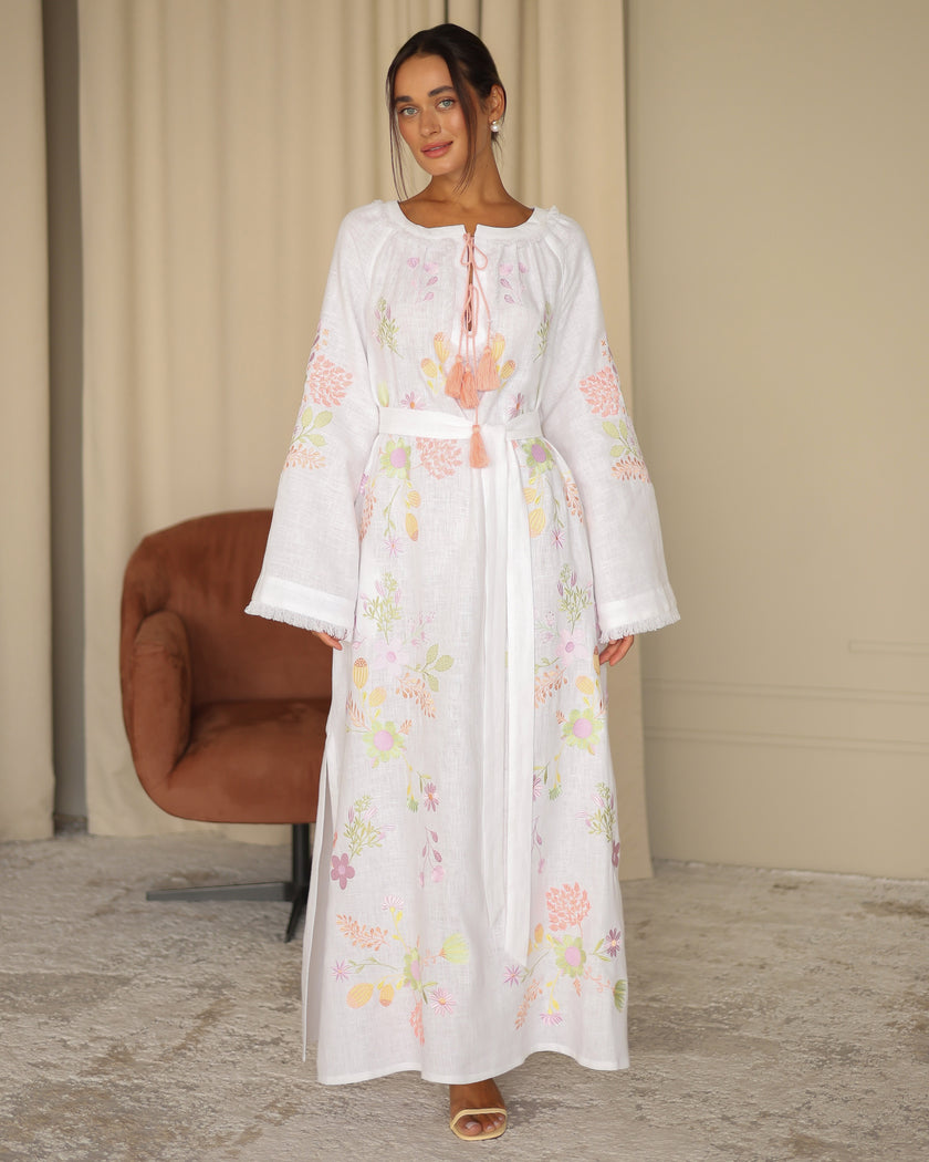 Catalog front view of white pastel floral embroidered linen kaftan maxi dress with self-tie belt — Zalxndra Resort