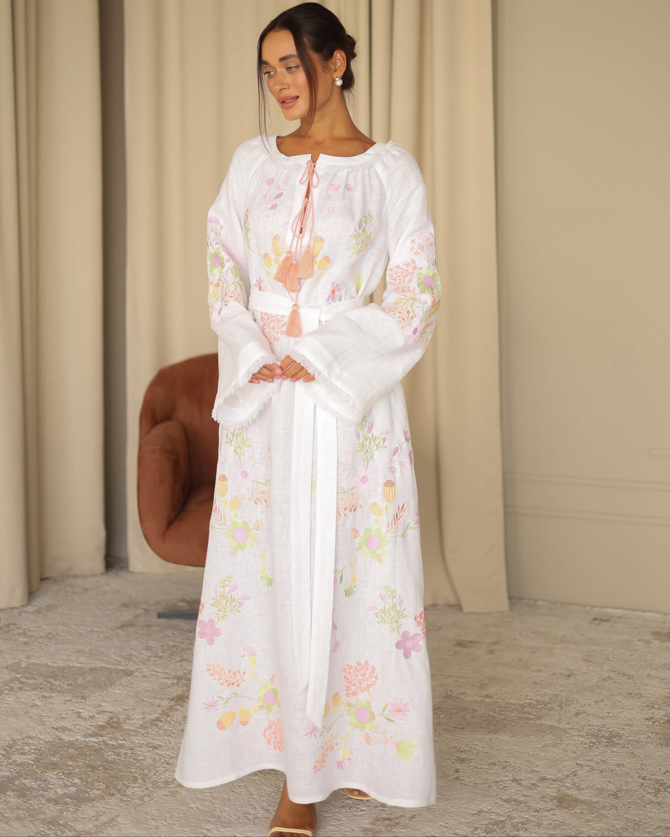 White pastel floral embroidered linen kaftan maxi dress with peach tassel ties — Zalxndra Resort