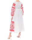 White linen kaftan maxi dress with red geometric embroidery, balloon sleeves and self-tie belt, back view - Zalxndra Resort