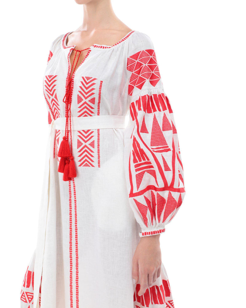 White linen kaftan maxi dress with red geometric embroidery, balloon sleeves and red tassel ties, embroidery detail view - Zalxndra Resort