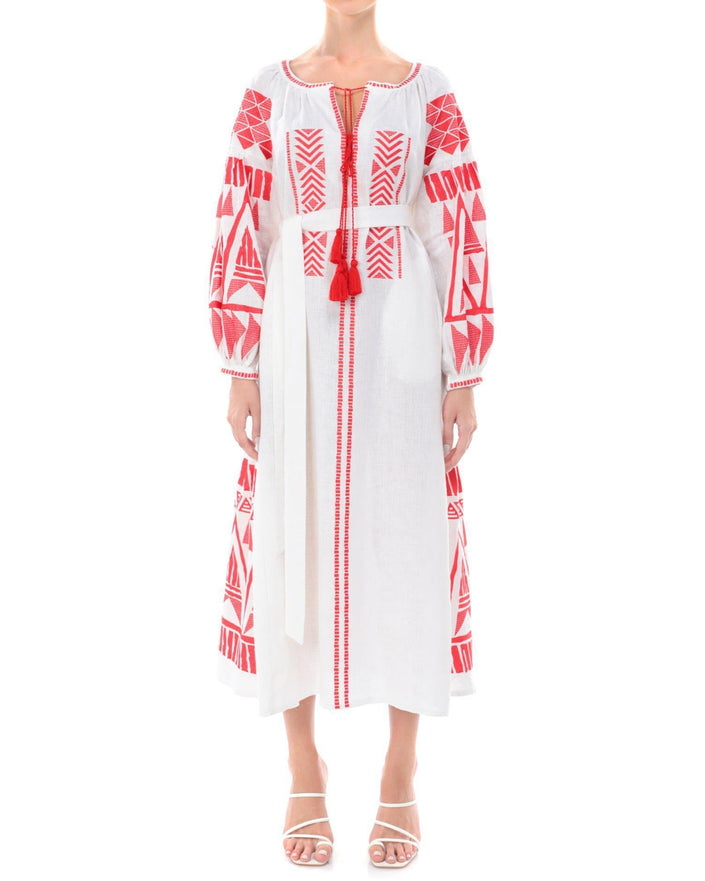 White linen kaftan maxi dress with red geometric embroidery, balloon sleeves, red tassel tie neckline and self-tie belt, front view - Zalxndra Resort