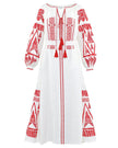 White linen kaftan maxi dress with red geometric embroidery, balloon sleeves, red tassel ties and self-tie belt, full-length view - Zalxndra Resort