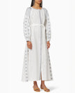 White linen kaftan maxi dress with slate geometric embroidery, balloon sleeves, button closure and self-tie belt, front view - Zalxndra Resort