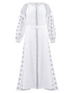 White linen kaftan maxi dress with slate geometric embroidery, balloon sleeves, button closure and self-tie belt, full-length view - Zalxndra Resort