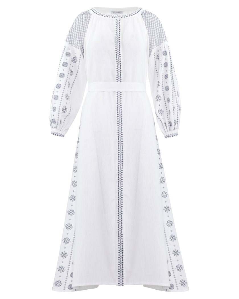 White linen kaftan maxi dress with slate geometric embroidery, balloon sleeves, button closure and self-tie belt, full-length view - Zalxndra Resort