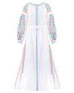 White linen maxi dress with teal and orange geometric embroidery, balloon sleeves and tie waist, front view - Zalxndra Resort