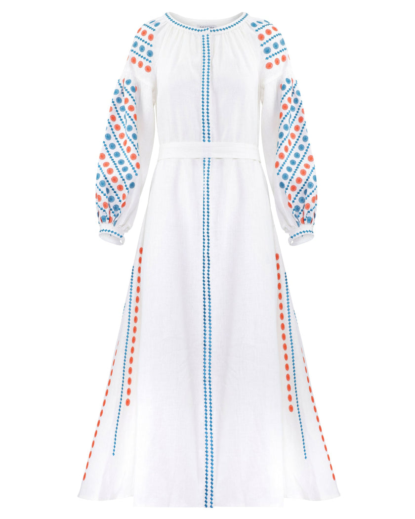 White linen maxi dress with teal and orange geometric embroidery, balloon sleeves and tie waist, front view - Zalxndra Resort
