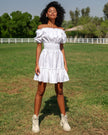 White linen off-shoulder mini dress with tonal lemon embroidery, puff sleeves, and ruffle hem - Zalxndra Resort