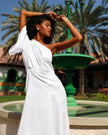 White One-Shoulder Asymmetric Linen Midi Dress