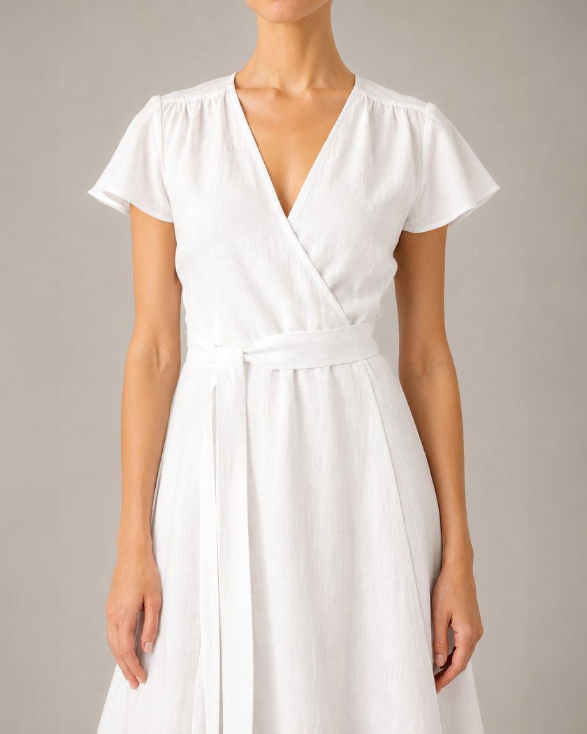 White Linen Belted V-Neck Maxi Dress