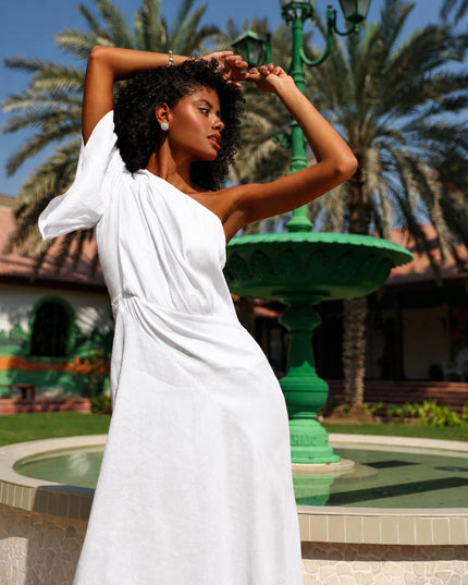 White One-Shoulder Asymmetric Linen Midi Dress