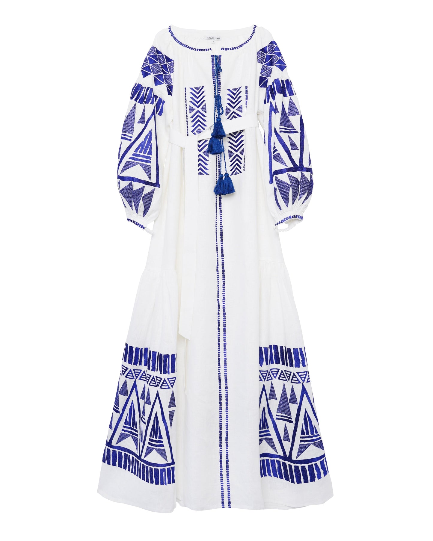 White Embroidered Linen Long Dress – Balloon Sleeves | ZALXNDRA
