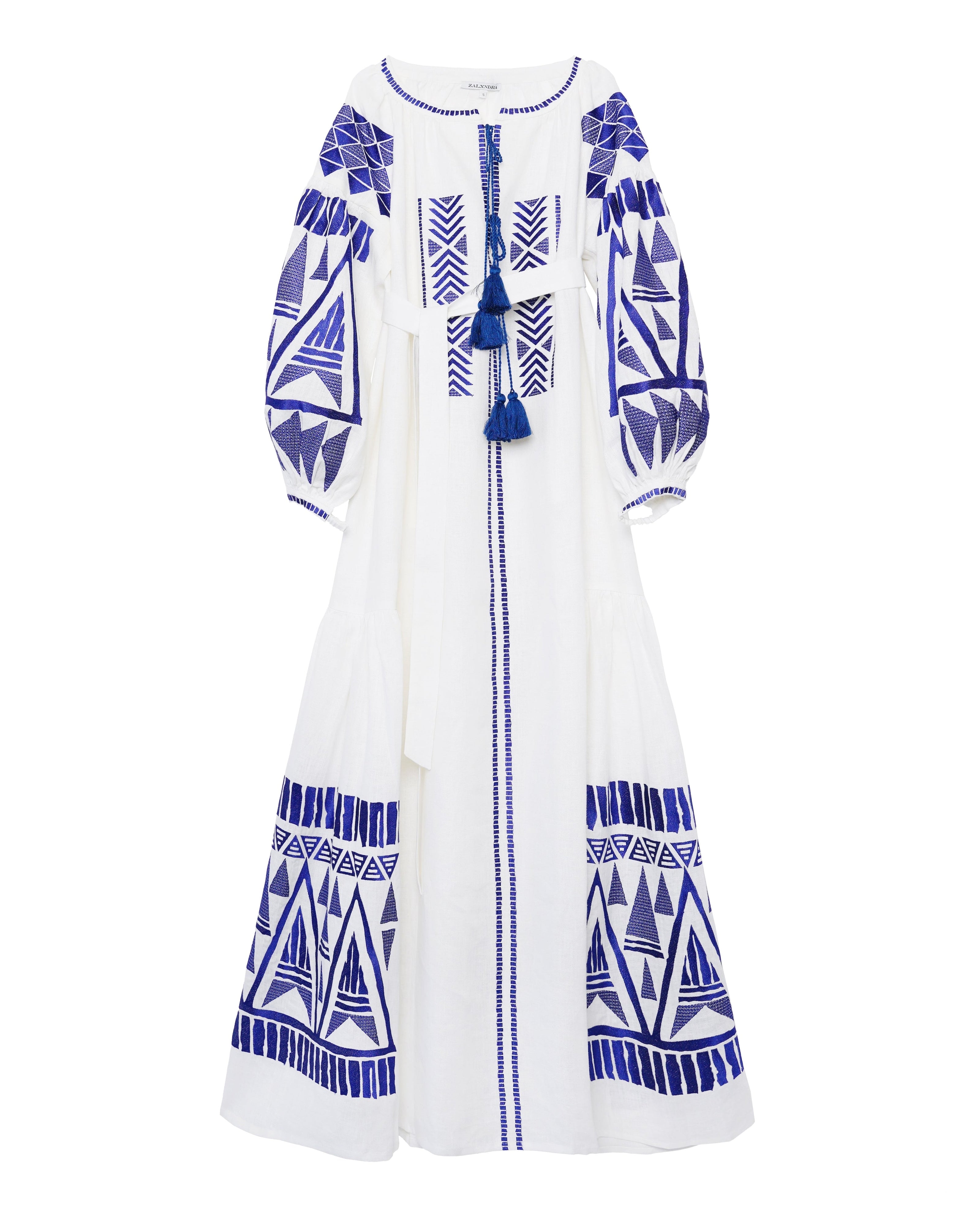 White Embroidered Linen Long Dress – Balloon Sleeves | ZALXNDRA