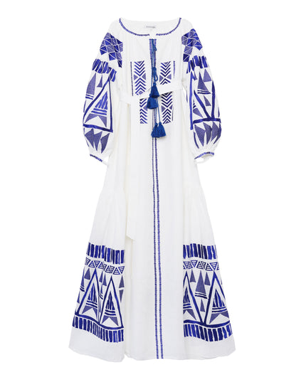 White Embroidered Linen Long Dress – Balloon Sleeves | ZALXNDRA