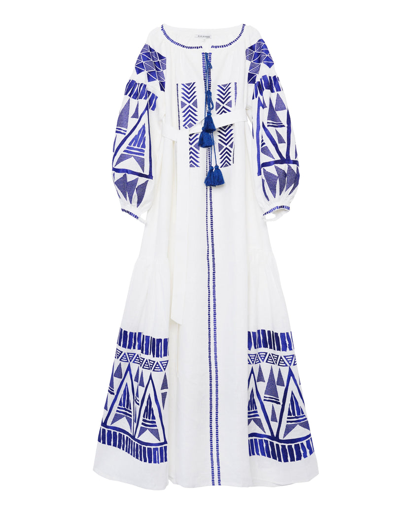 White Blue Geometric Embroidered Extra-Long Linen Kaftan Maxi