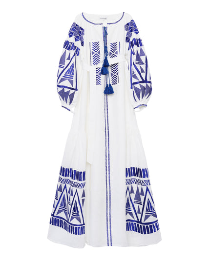 White Embroidered Linen Long Dress – Balloon Sleeves | ZALXNDRA